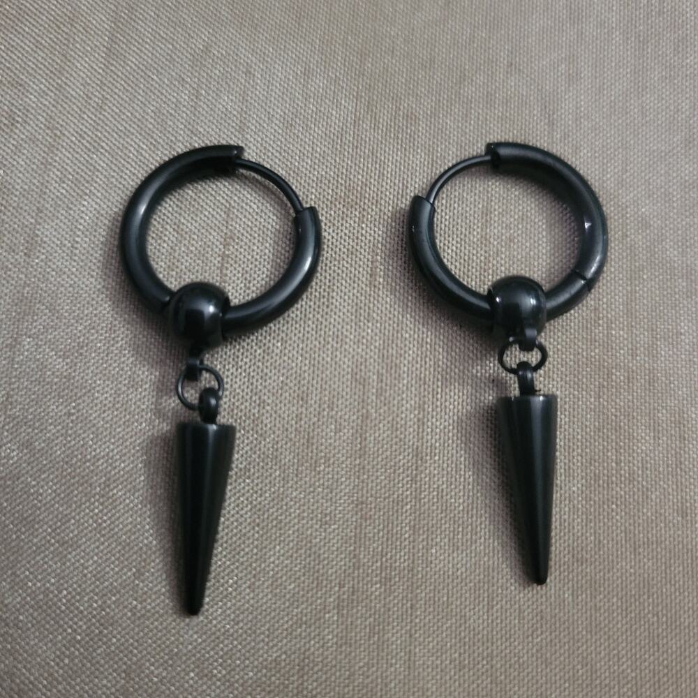 Men's black stainless steel spike charm mini hoop earrings